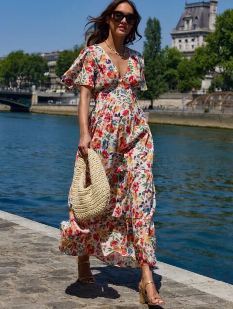 Isabella – Autumn Floral V Neck Flared Sleeve Maxi Dress | fashilyx