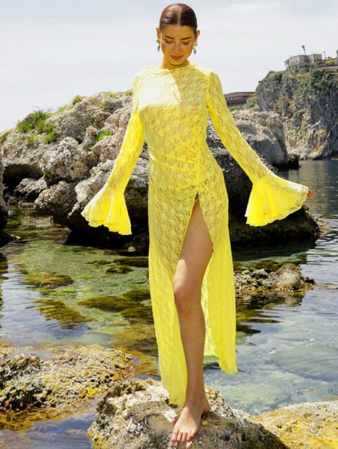 Sienna – Autumn Sexy Lace Flared Sleeve Slit Dress