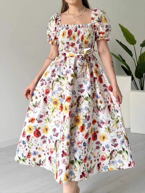 Clara – Vacation Casual Puff Sleeve Floral Midi Dress