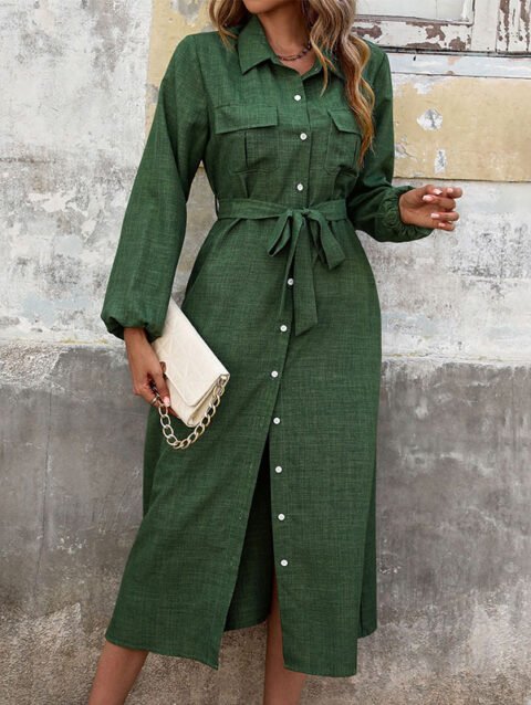 Nora – Fall Turn Down Collar Solid Green Long Sleeve Dress | fashilyx