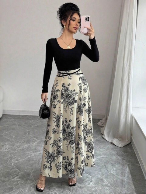 Jessica – Elegant Floral Square Collar Long Sleeve Dress | FASHILYX