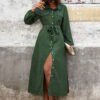 Nora – Fall Turn Down Collar Solid Green Long Sleeve Dress | fashilyx