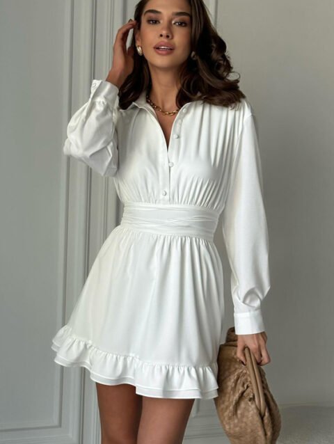 Elise – Spring Office Collared Long Sleeve Ruffled Mini Dress | fashilyx