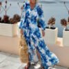Elvira – Printed V Neck Long Sleeve Maxi Vacation Dress | FASHILYX