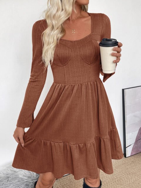 Aya – Autumn Retro Waist Trimming Knitted Square Collar Dress | FASHILYX