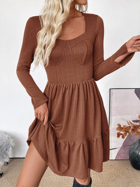 Aya – Autumn Retro Waist Trimming Knitted Square Collar Dress | FASHILYX
