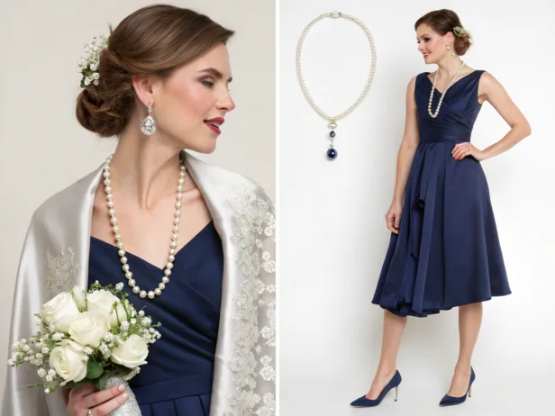 how to accessorize a navy blue dress for a wedding